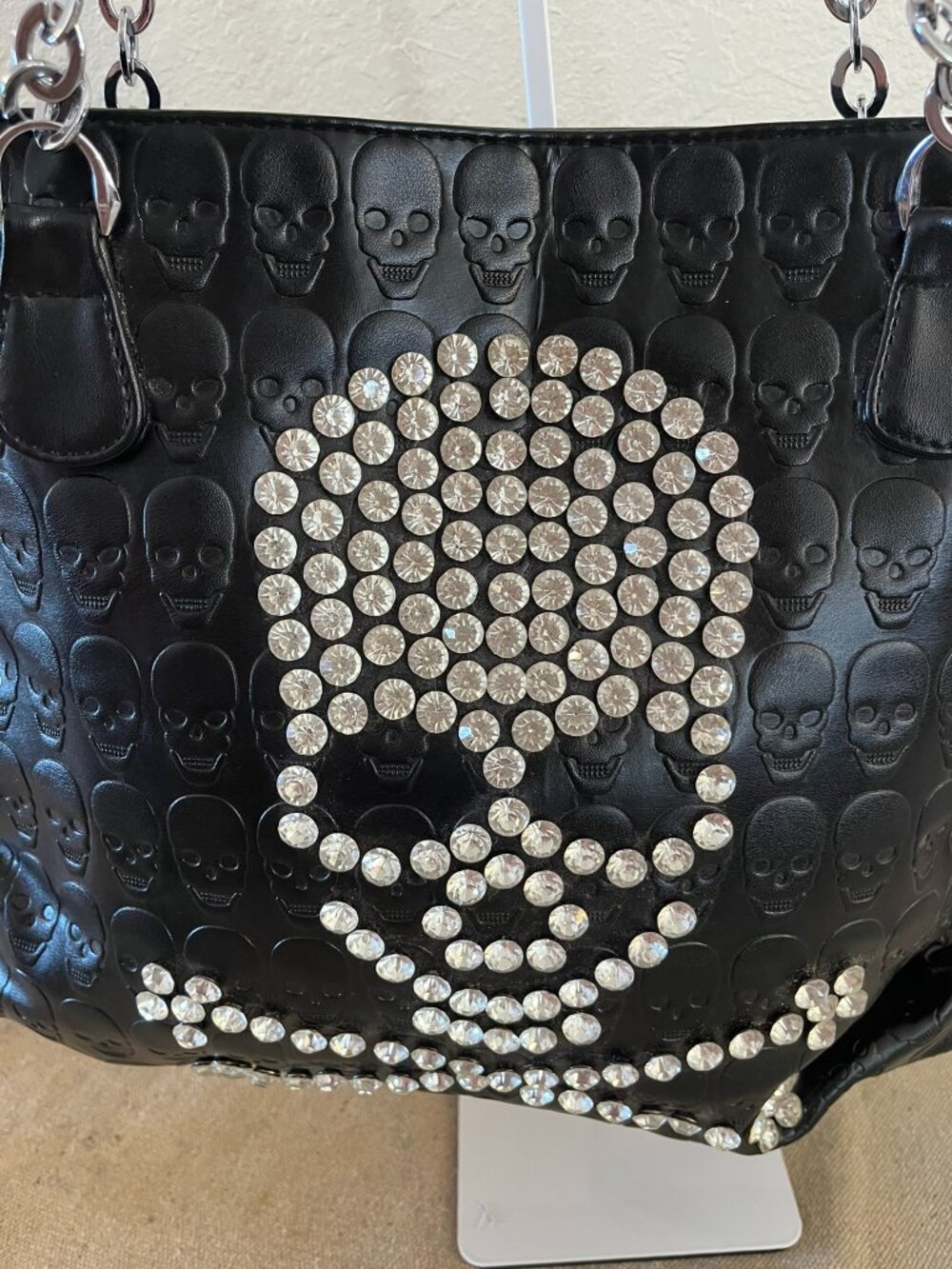 Skull Rhinestone Faux Leather Goth Mob-Wife Crossbones Studded Shoulder/Tote Bag - Picture 10 of 10